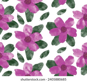 Seamless pattern of summer flowers drawn in white background.