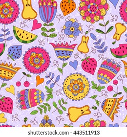 Seamless pattern with summer flowers and fruits.