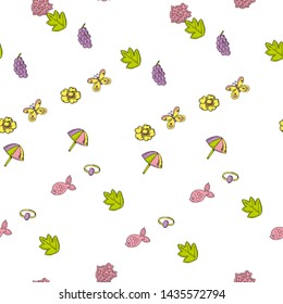 Seamless pattern.  Summer. Flowers and leaves. Umbrella. Fish and butterfly. Small ring.