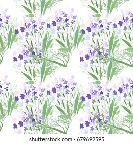 Seamless pattern with summer flowers and leaves on white background. Herbal pattern in light colors for the design of clothes.