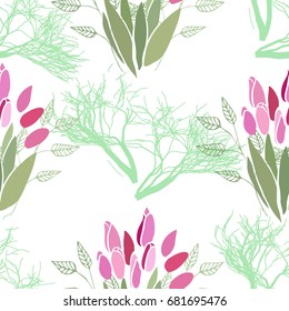 Seamless pattern with summer flowers and leaves on white background. Herbal pattern in light colors for the design of clothes.