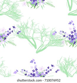 Seamless pattern with summer flowers and leaves on white background. Herbal pattern in light colors for the design of clothes.