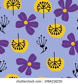 Seamless pattern with summer flowers on blue background