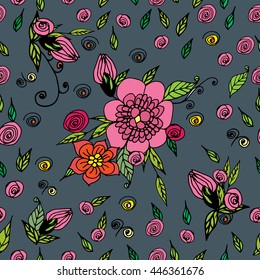 Seamless pattern of summer flowers on a grey background.