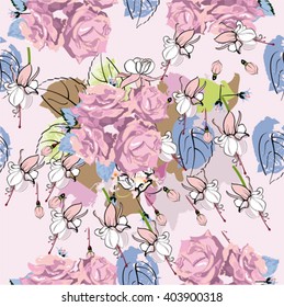 Seamless pattern from summer flowers, roses and fuchsia, in soft pastel colors. Hand drawn watercolor illustration. 
