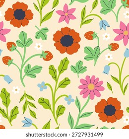 Patrón sin fisuras con flores de verano y fresas. Gráficos de Vector.