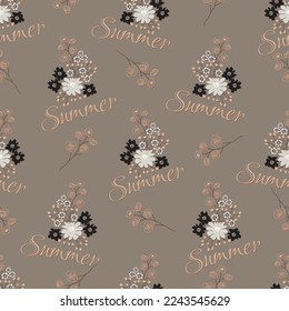 Seamless pattern with  summer flowers in subdued color palette. Linear hand drawn vector illustration.