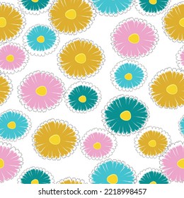 Seamless pattern with summer flowers.Watercolor vector painting. Folk flowers scattered over a white background. 