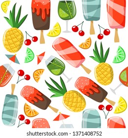 Seamless pattern with summer food and drinks: ice cream, cocktail, pineapple, lemon, orange, cherry. Vector colorful illustration for cafe menu, invitations, summer prints etc.