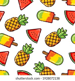 Seamless pattern with summer food and drinks: ice cream, pineapple, watermelon. Vector colorful illustration, summer prints etc.