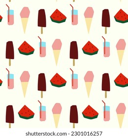 Seamless pattern with summer food llustration in cutting style ice cream watermelon on white background