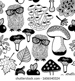 Seamless pattern of summer forest with owls and mushrooms. Black and white endless floral wallpaper.