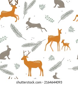 Seamless pattern with summer forest print. Adult deer, fawn, hares, rabbits among spruce branches, leaves, berries. Vector graphics.