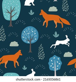 Seamless pattern with a summer forest print. Fox, hares, rabbits among trees, leaves, bushes. Natural Scandinavian print. Vector graphics.