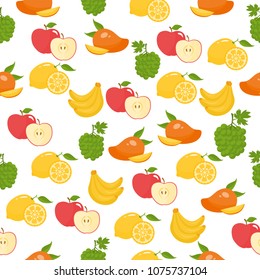 Seamless pattern with summer fresh fruits. Illustration with different fruits and citrus. Banana, mango, grape, apple, lemon. Background for fabric print, texture and wrapping paper.
