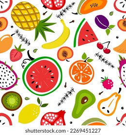 Seamless pattern with summer fresh fruits - cherry, pear, watermelon, banana, peach, kiwi, strawberry, lemon, mango . Flat vector illustration for textile print, wrapping paper