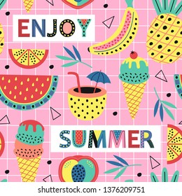 seamless pattern with summer fruit and ice cream  - vector illustration, eps