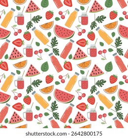 Seamless pattern with summer fruit Watermelon half and sliced, strawberry, orange slices and bottles juice. Summer print with hand drawn fruits wallpaper.