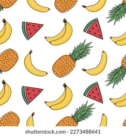 Seamless pattern with summer fruits: banana, pineapple and watermelon. Summer colorful doodle pattern. Flat style vector image.
