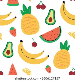 Seamless pattern with summer fruits. banana, lemon, watermelon, avacado, flat children's background with dessert, food. graphic for print, holidays, wallpaper, banners, surface texture, fabric. vector