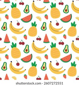Seamless pattern with summer fruits. banana, lemon, watermelon, avacado, flat children's background with dessert, food. graphics for print, holidays, wallpaper, banner, surface texture, fabric. vector