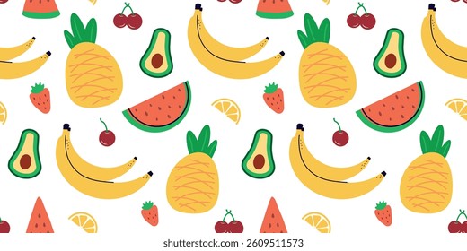 Seamless pattern with summer fruits. banana, lemon, watermelon, avacado, flat children's background with dessert, food. graphic for print, holidays, wallpaper, banners, surface texture, fabric. vector