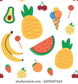 Seamless pattern with summer fruits. banana, lemon, watermelon, avacado, flat children's background with dessert, food. graphics for print, holidays, wallpaper, banner, surface texture, fabric. vector
