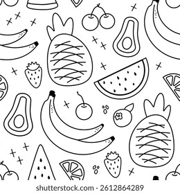 Seamless pattern with summer fruits. banana, lemon, watermelon, avoado, flat children's background with food. graphics for print, holidays, wallpaper, banners, surface texture, fabric. art vector