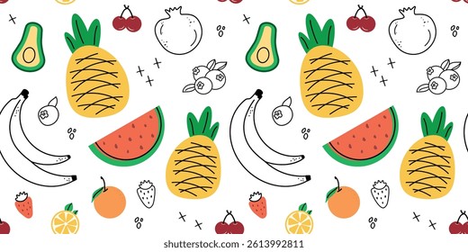 Seamless pattern with summer fruits. banana, lemon, watermelon, avacado, flat children's background with dessert, food. graphics for print, holidays, wallpaper, banner, surface texture, fabric. vector