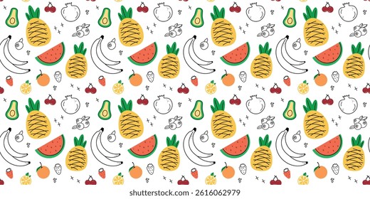 Seamless pattern with summer fruits. banana, lemon, watermelon, avacado, flat children's background with dessert, food. graphics for print, holidays, wallpaper, banner, surface texture, fabric. vector