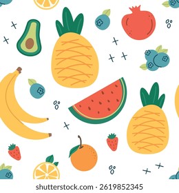Padrão perfeito com frutas de verão. banana, limão, melancia, abacate, fundo plano das crianças com sobremesa, comida. gráficos para impressão, feriados, papel de parede, textura de superfície, tecido.