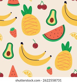 Padrão contínuo com frutas de verão. banana, limão, melancia, avoado, plano de fundo das crianças com sobremesa, comida. gráficos para impressão, feriados, papel de parede, banners, textura de superfície, tecido.