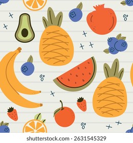 Padrão contínuo com frutas de verão. banana, limão, melancia, avoado, plano de fundo das crianças com sobremesa, comida. gráficos para impressão, feriados, papel de parede, banners, textura de superfície, tecido.
