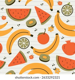 Padrão contínuo com frutas de verão. banana, limão, melancia, avoado, plano de fundo das crianças com sobremesa, comida. gráficos para impressão, feriados, papel de parede, banners, textura de superfície, tecido.