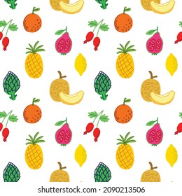 Seamless pattern with summer fruits and berries: melon, orange, artichoke, rosehip, lemon, guava. Exotic tropical fruits in the flat style.