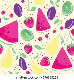 Seamless pattern with summer fruits and berries  in cartoon style. Watermelon slices background. Hand drawn design for fabric, wrapping paper, greeting cards or invitation. Vector illustration.
