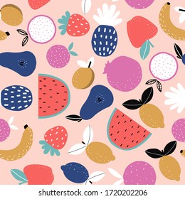 Seamless pattern with summer fruits. Cute colorful print. Vector hand drawn illustration.