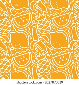 patrón ininterrumpido de frutas de verano doodles, limón, sandía, banana, piña sobre fondo amarillo