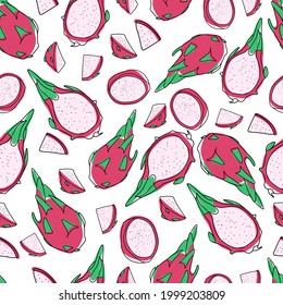 Patrón sin soldadura con frutas de verano, patrón de fruta de dragón, iconos de rodajas de frutas, fruta pitahaya rosa, diseño jugoso y elegante, para impresión en textiles, papel de embalaje, papel de papelería y diseño personal