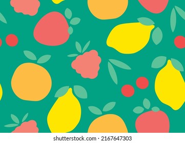 seamless pattern with summer fruits: lemon, orange, cherry, strawberry and raspberry, great for wrapping, textile, wallpaper, greeting card- vector illustration