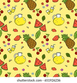Seamless pattern with summer fruits and lemonade/ Hand draw doodle vector