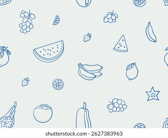 Seamless pattern of summer fruits. Line art, ink, minimalist style. Vector illustration. Summer collection.