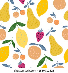 Seamless pattern with summer fruits on white background. Vector fruits design for fabric, textile print, wrapping paper, children textile.