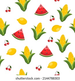 Patrón sin foco con frutas y verduras de verano sobre fondo blanco - maíz, sandía, limón, cereza. Ilustración plana y colorida para papel textil
