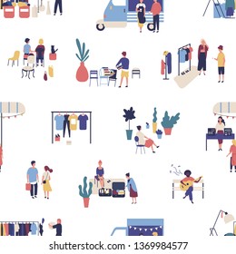 Seamless pattern with summer garage sale, street flea market or rag fair. Backdrop with people buying and selling goods outdoors. Flat cartoon vector illustration for wallpaper, textile print.