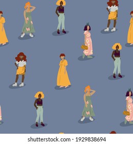 Patrón sin foco con chicas de verano en un fondo azul. Gráficos vectoriales en un fondo azul. Gráficos vectoriales.