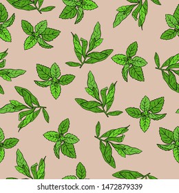 Seamless pattern with summer green leaves on pastel grey background. Hand drawn vector illustration.