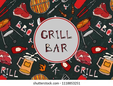 Seamless Pattern of Summer Grill and Bar Party. Steak, Sausage, Barbeque Grid, Tongs, Fork, Fire, Ketchup. Black Board Background and Chalk. Hand Drawn Vector Illustration. Doodle Style.
