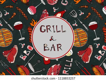 Seamless Pattern of Summer Grill and Bar Party. Steak, Sausage, Barbeque Grid, Tongs, Fork, Fire, Ketchup. Black Board Background and Chalk. Hand Drawn Vector Illustration. Doodle Style.