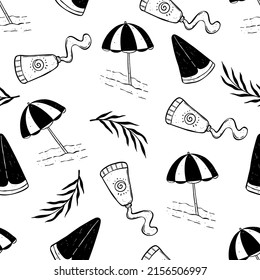 Seamless pattern of summer hand drawn elements with umbrella, sun block and watermelon